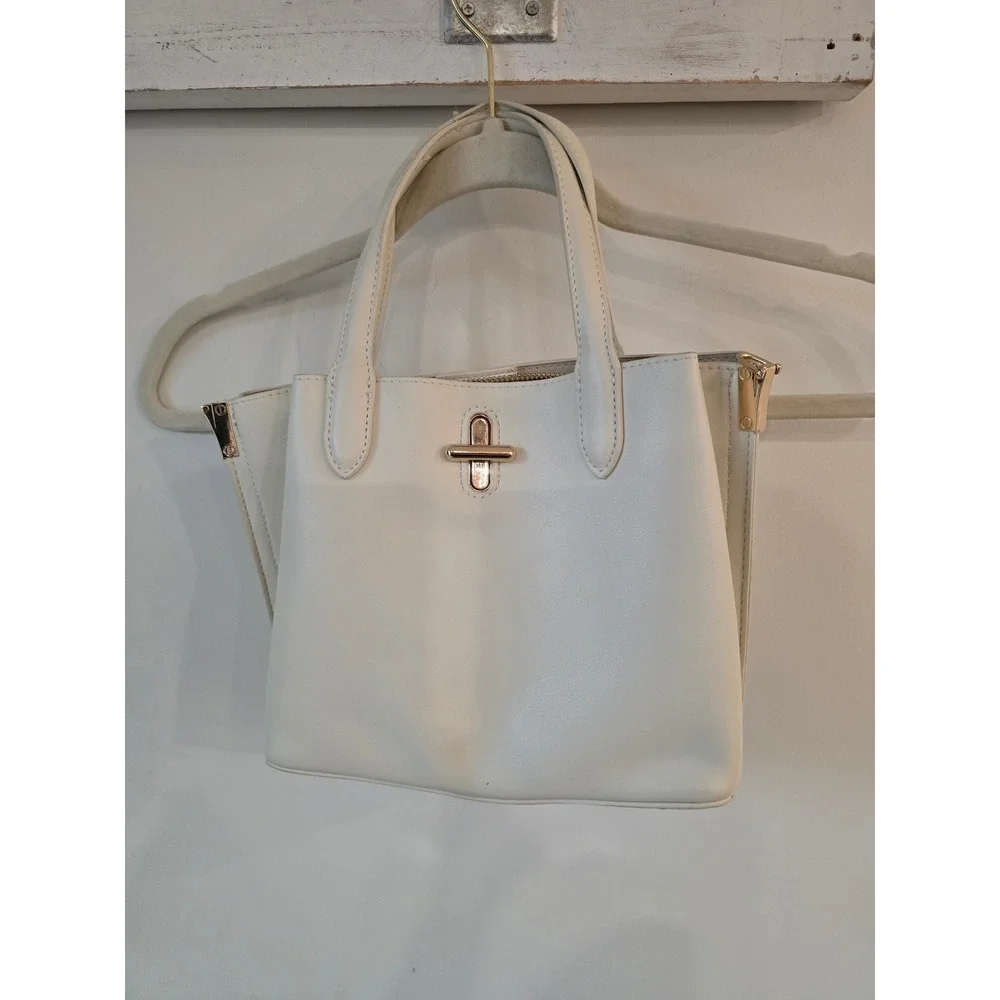 Miztique White Faux Leather Structured Tote Bag Gold Hardware Turn Lock Satchel